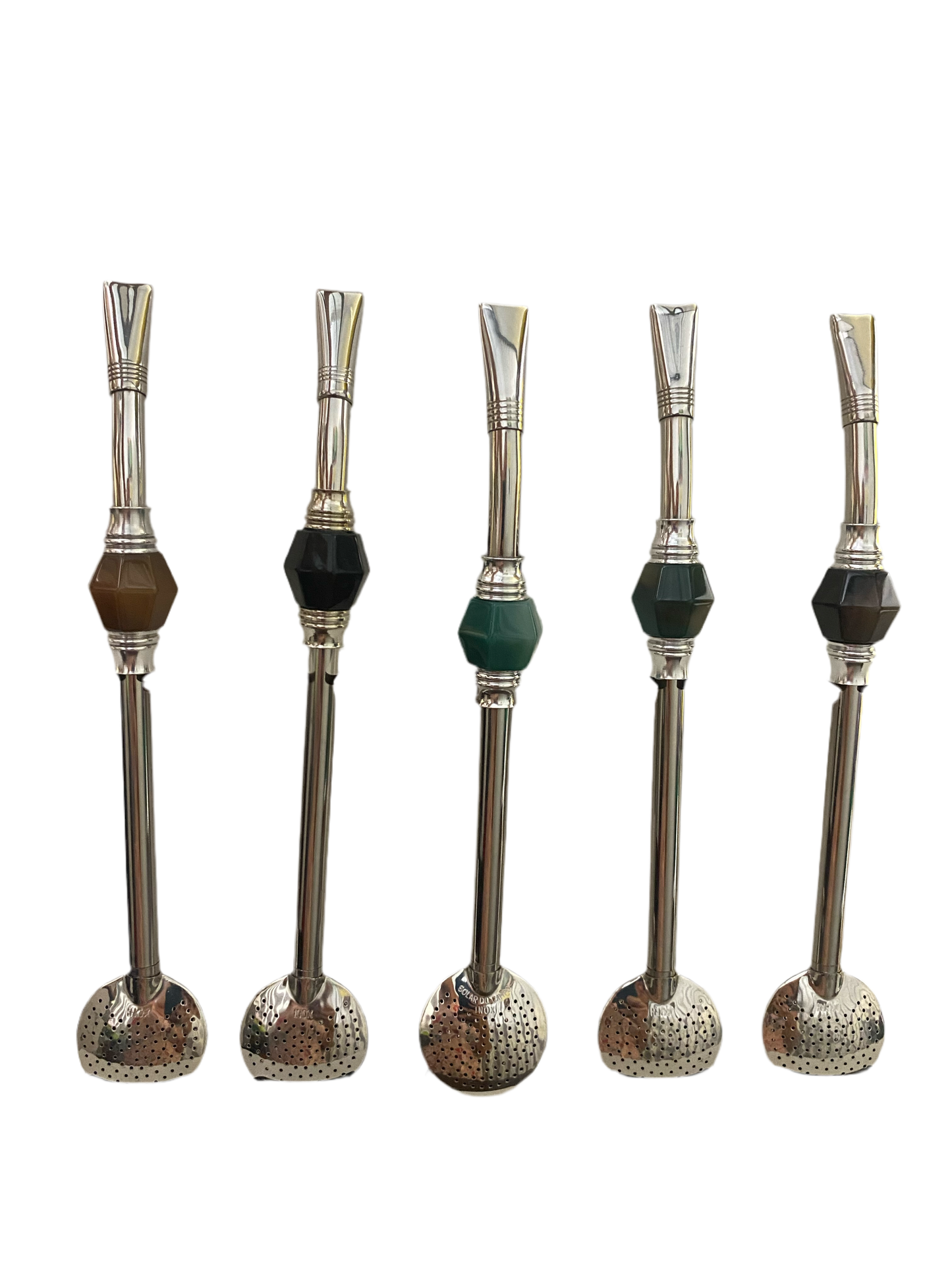 An assortment of bombillas with stone accessory decorations.