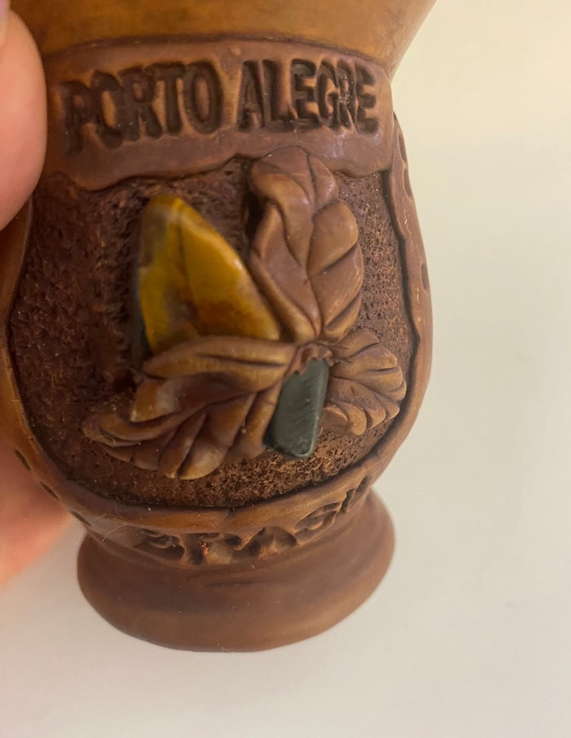 Brown yerba mate gourd with 'Porto Alegre' text and decorative elements on a white background