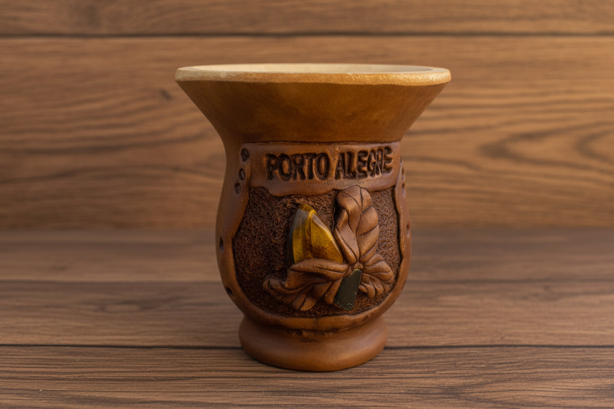 Yerba mate gourd with 'Porto Alegre' engraving on a wooden background