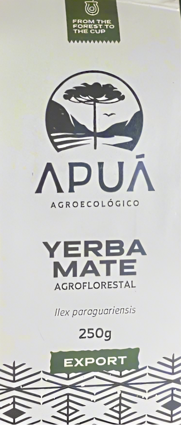 Apuá yerba mate packaging with branding and product details.