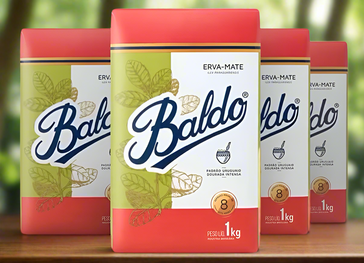 Baldo yerba mate packaging on a wooden surface with a blurred green background