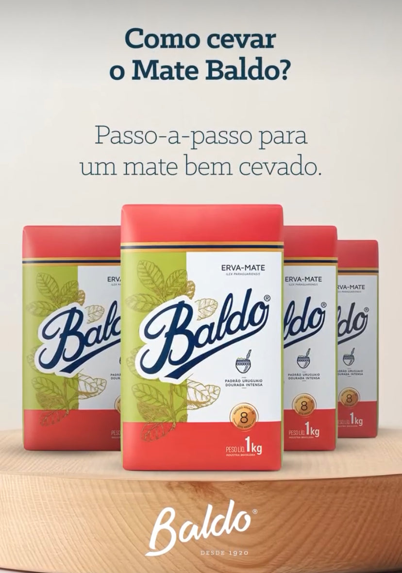 Baldo mate packaging on a wooden surface with text about how to serve mate.