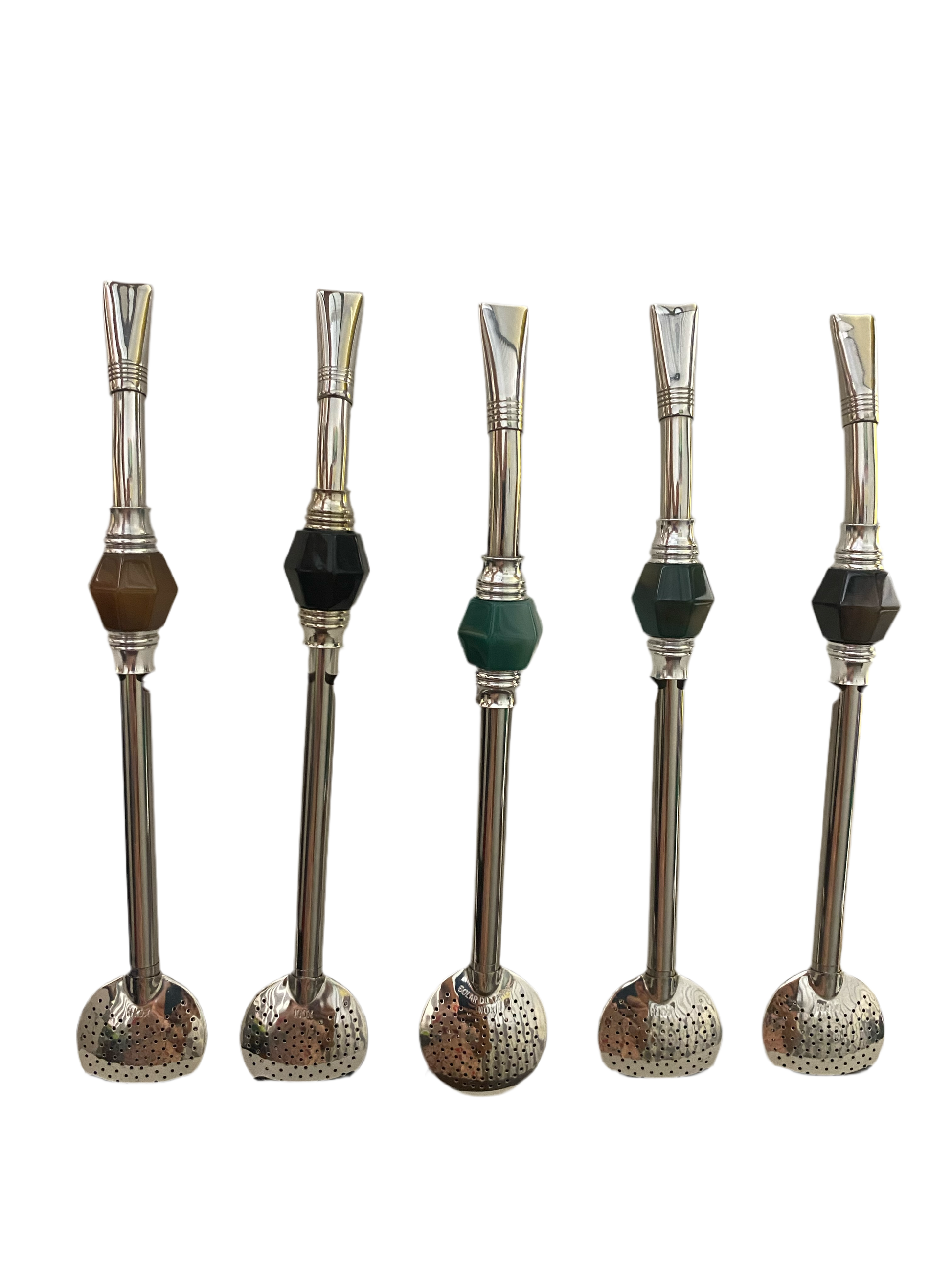 An assortment of bombillas with stone accessory decorations. 