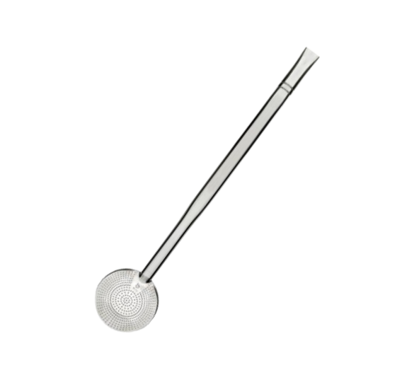 A stainless steel bombilla against a white background