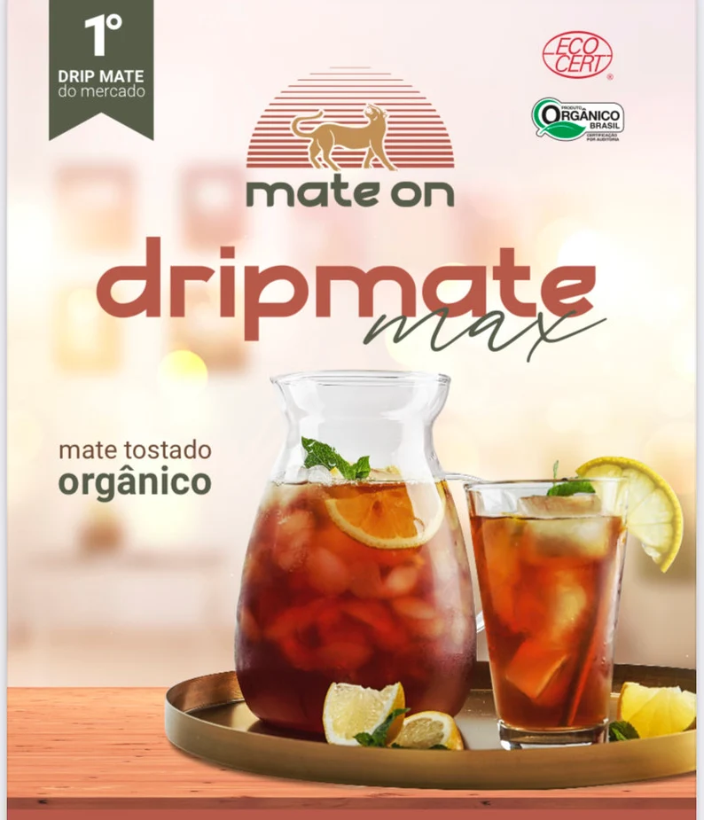 Informational image that reads dripmate max, mate tostado organico