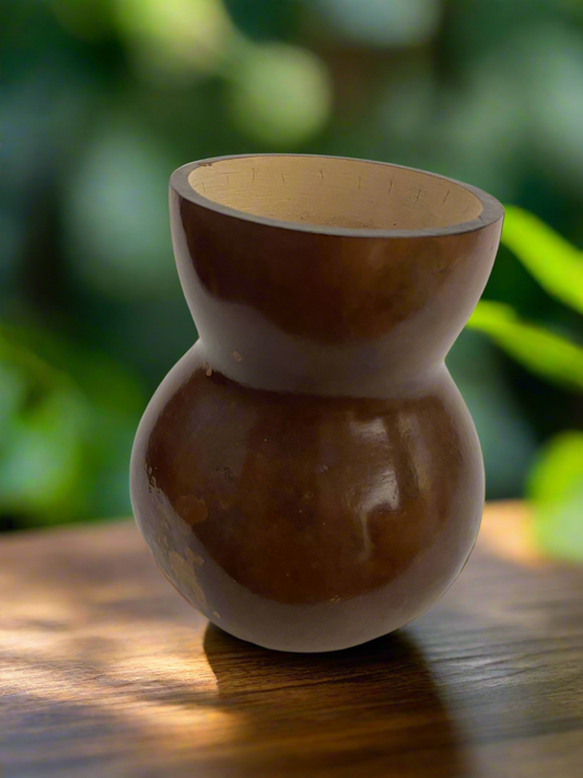 Getúlinho gourd on a wooden table with a blurred green leaf background.