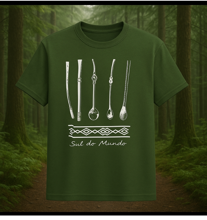 Green t-shirt with white graphic design and text 'Sul do Mundo' in a forest setting