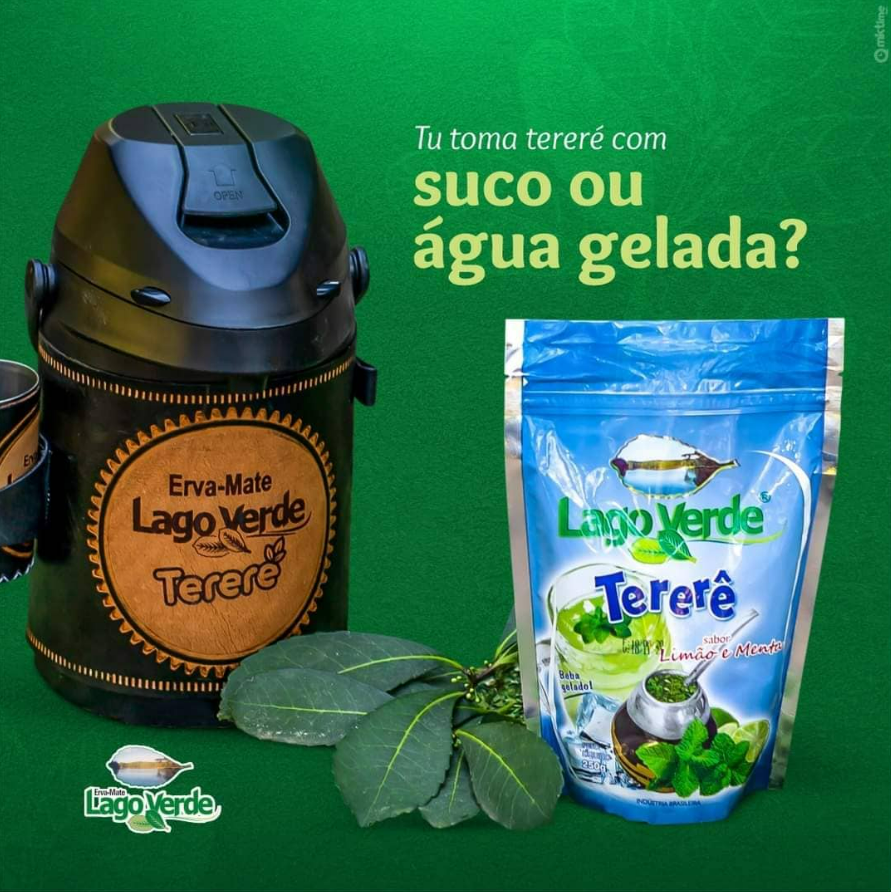 Montage of a liquid dispenser, leaves, and Lago Verde Terere bags 