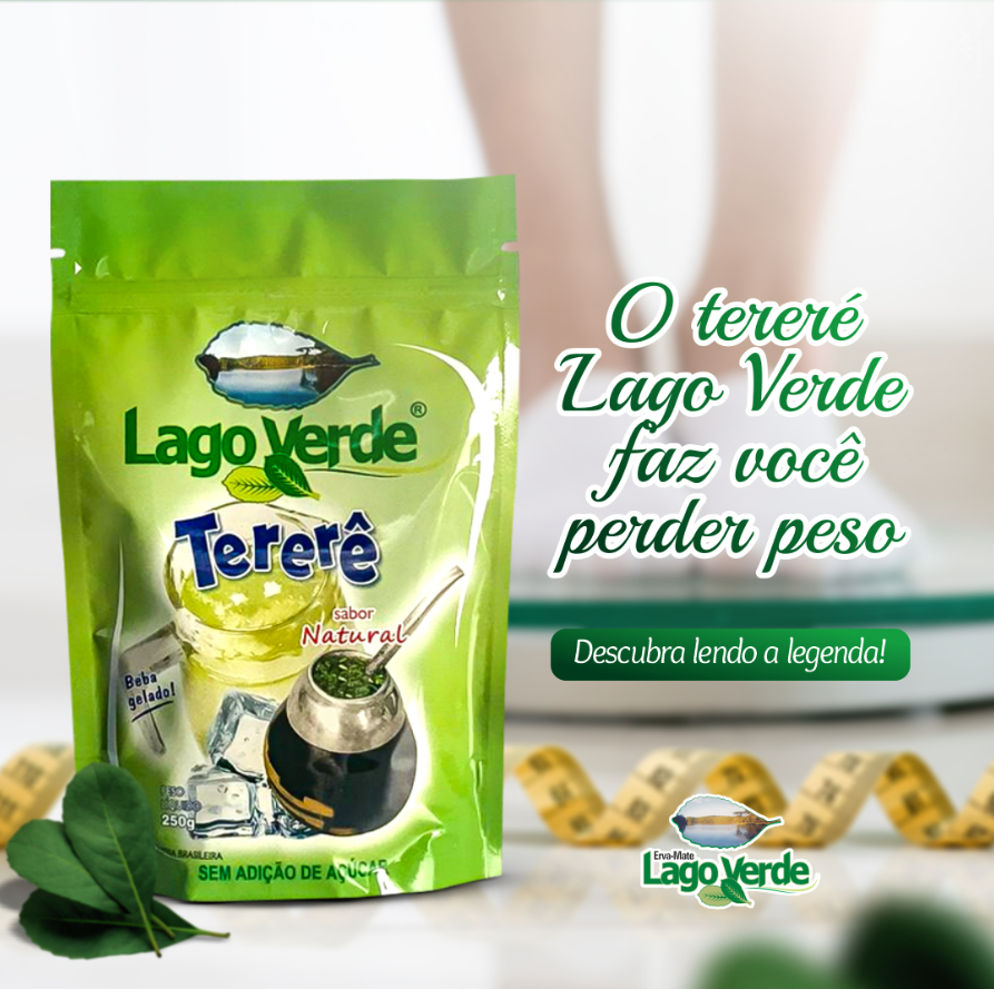 Lago Verde Terere bag with a person standing on the scale in a blurry background. Text reads O terere Lago Verde faz voce perder peso 
