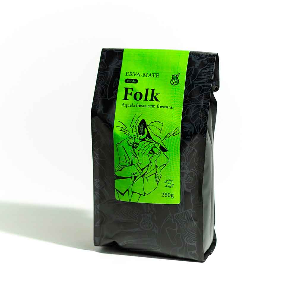 A package of Matte N Roll Folk yerba mate with a green label, displaying the brand and product name, with a white background. 