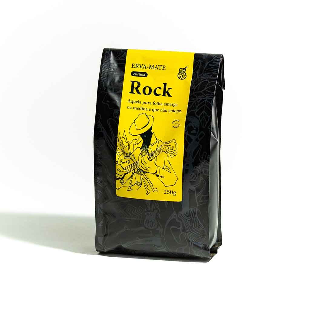 A pack of MATTE N ROLL Rock 250gr coffee, predominantly black in color with a yellow label featuring a graphic of a person with a hat and a flower, and text detailing the product brand and weight.