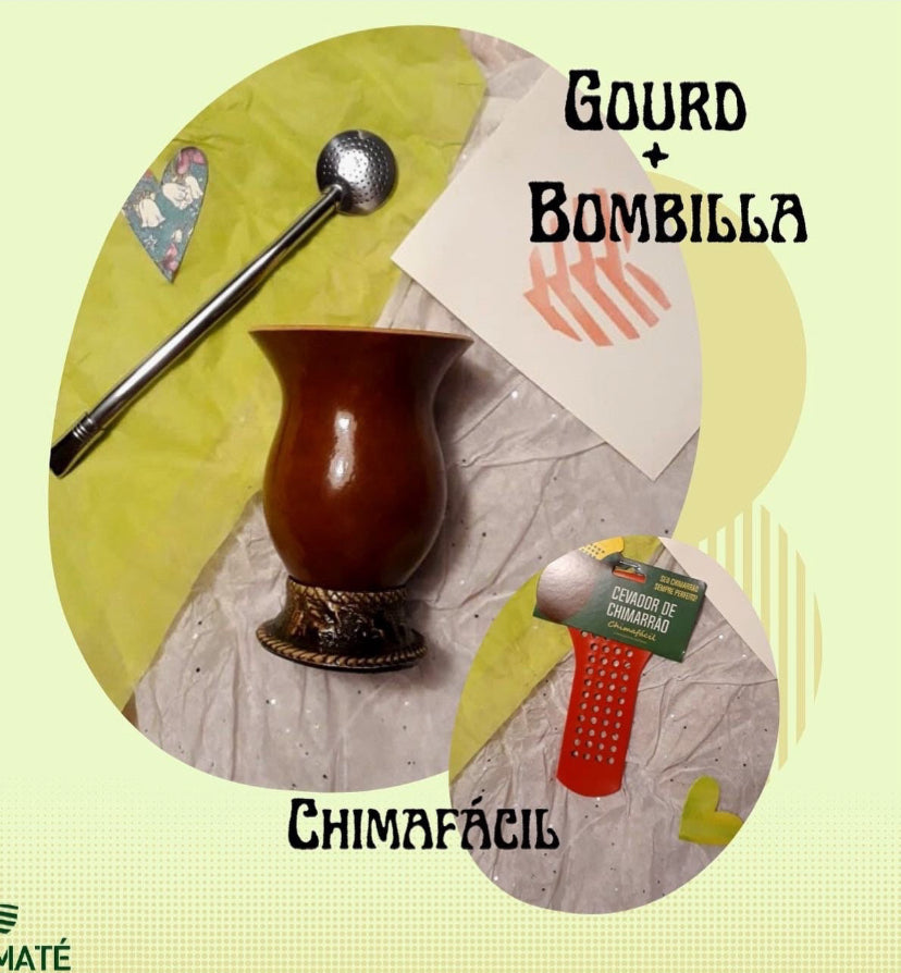 A Yerba Mate Bundle Set with a brown gourd, a metal spoon, and a red bombilla (straw) against a yellow background, plus a package labeled 'Chimafácil'.