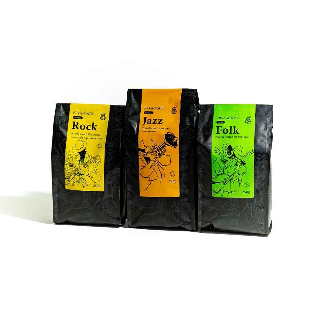 The Trio Collection of Mate N' Roll all in black bags, one with a yellow label saying Rock, another an orange label saying Jazz, and another a green label saying Folk. 