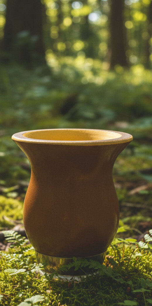 A yerba mate groud with a steel base with a semi blurred forest backdrop.