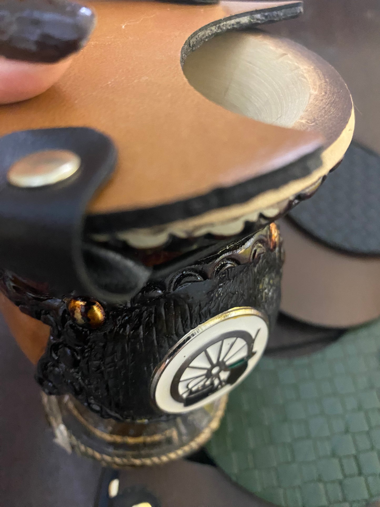 A yerba mate gourd with an elastic synthetic leather cover 